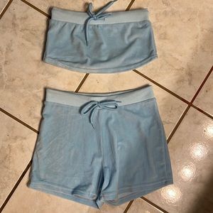Matching velvety baby blue shorts and tube top! Top Medium Bottoms Small.